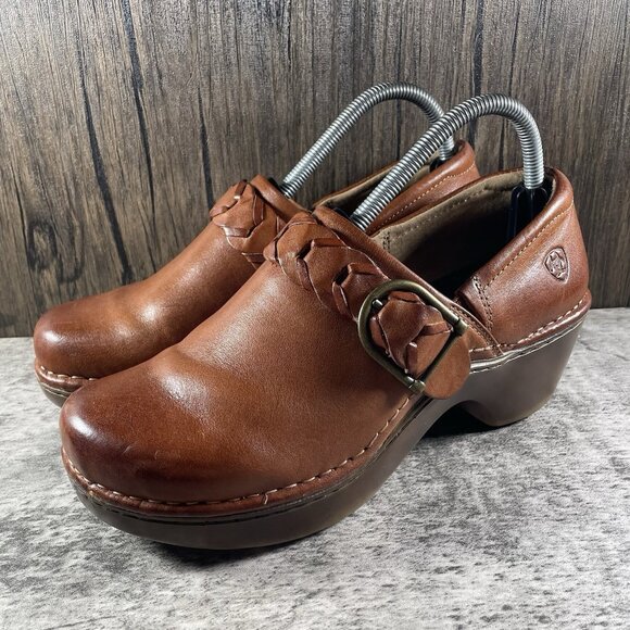 Ariat Womens Amy Braided Buckle cognac Brown Leather Clogs Mules 10012030 Sz 9.5 - Picture 2 of 10